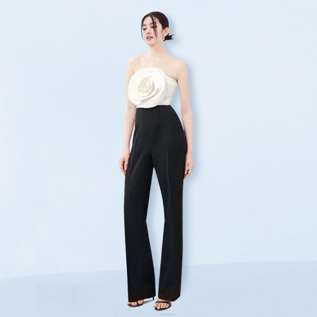 

2024 Spring/Summer New Fashion Sexy 3D Flower Bra Top+High Waist Slim Pants Two Piece Set