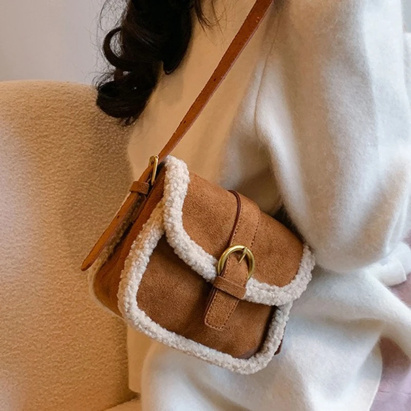 Autumn Winter Plush Bag Women's Korean Retro Small Square Handbags New Suede Lamb Wool Patchwork Shoulder Crossbody Bags