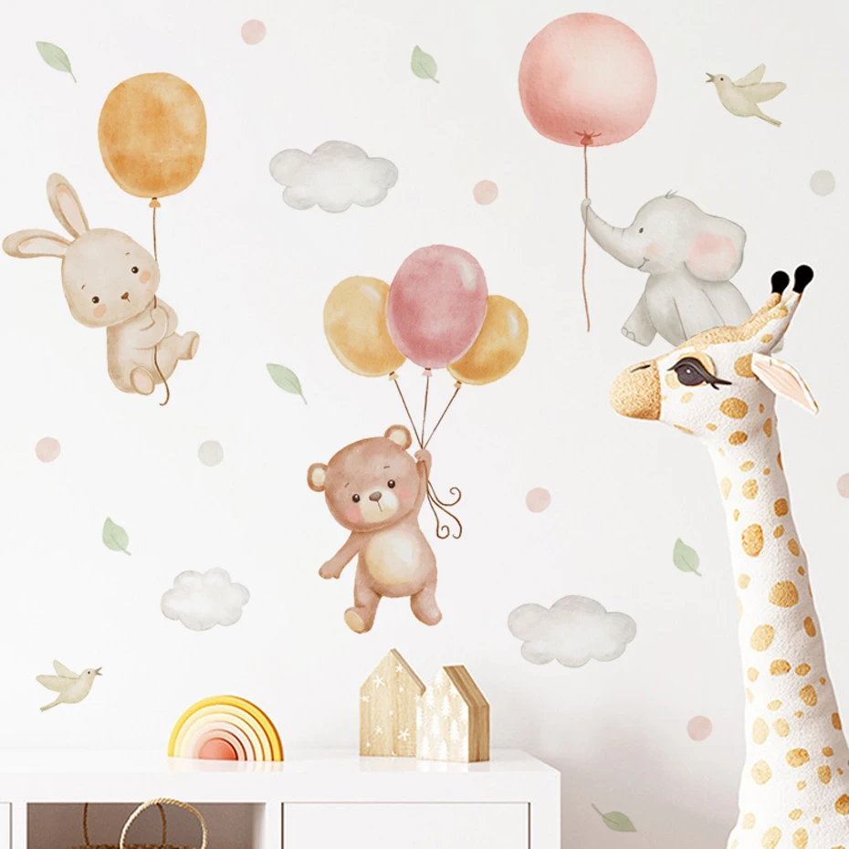 Luminous Wall Stickers Wall Stickers Vinyl Decal Stickers Watercolor Cartoon Bear Rabbit Balloons Clouds Wall Sticker for Kids Room Home Decor