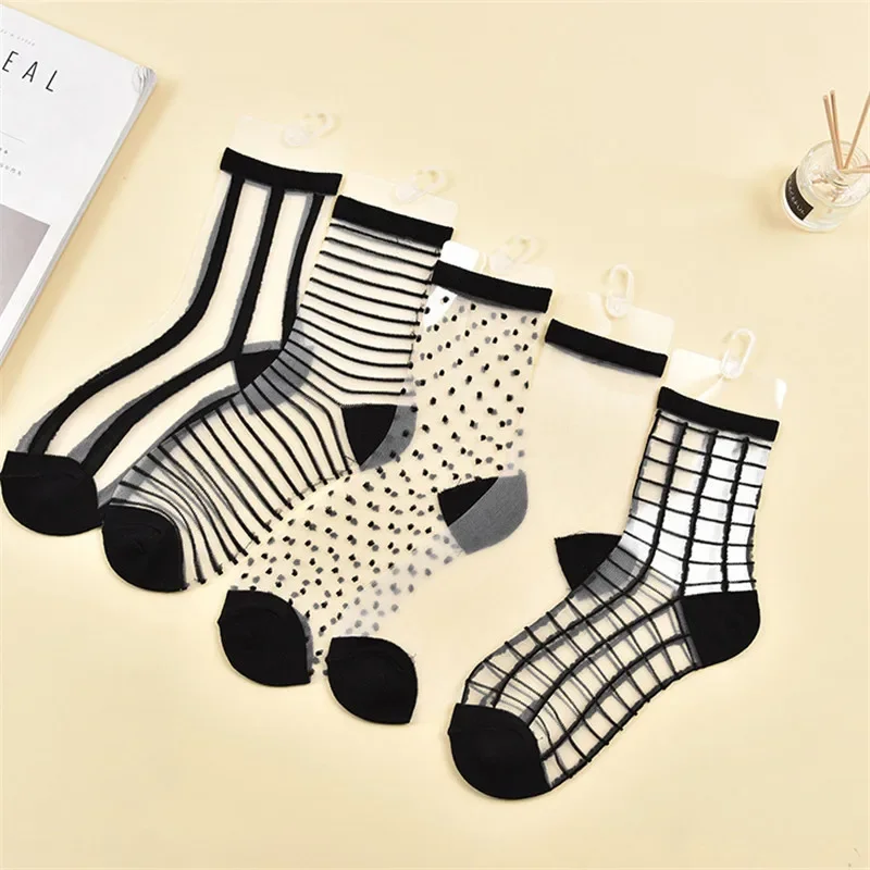 

Women Fashion Transparent Stripe Socks Female Summer Sock Ultra-thin Women's Socks Ladies Summer Mesh Glass Silk Socks