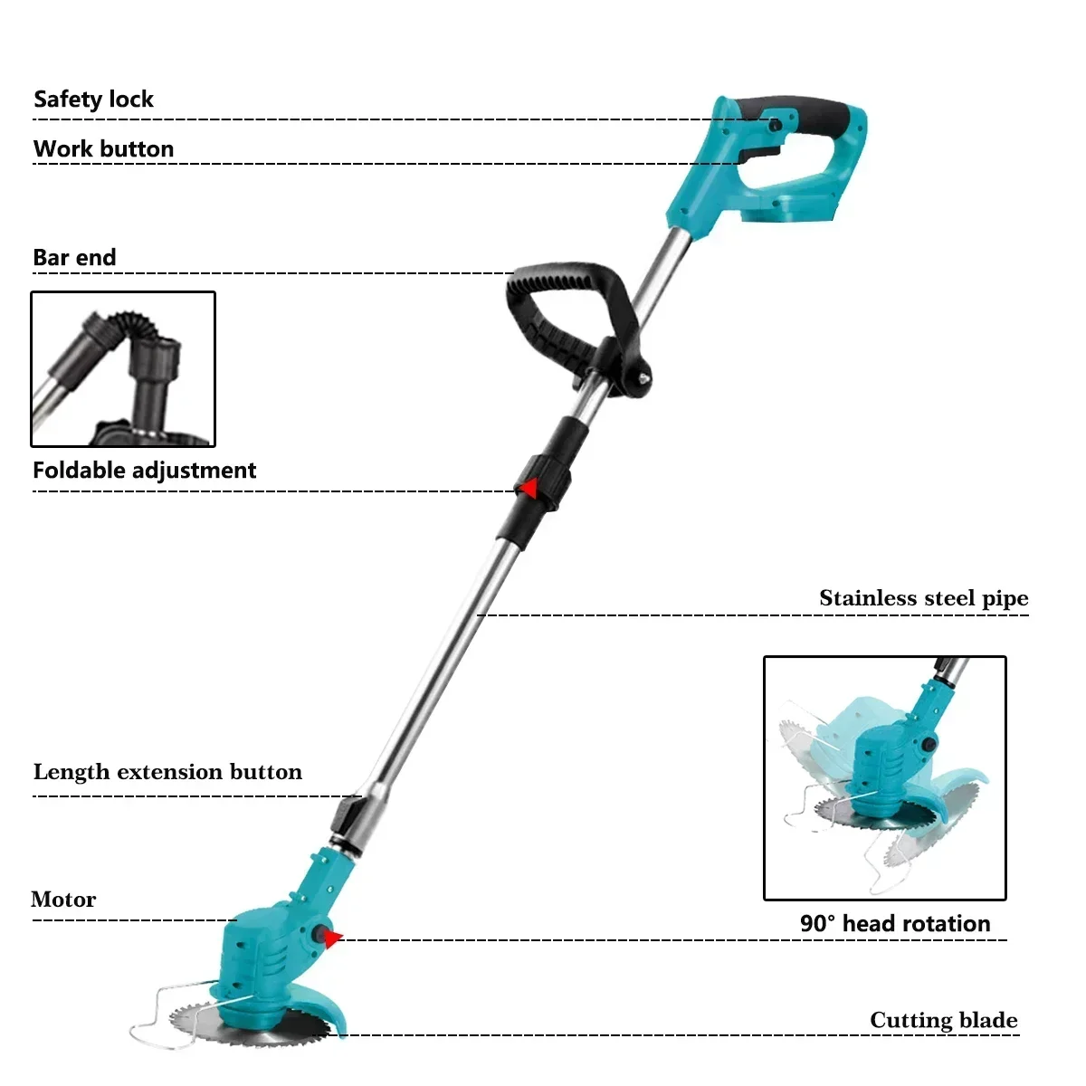 21V Cordless Grass Trimmer Electric Lawn Mower Length Adjustable Cutter Household Garden Tools For Makita/wobeich 18V Battery