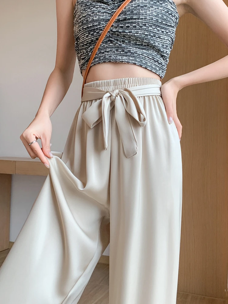 Summer Wide-leg Pants for Women High Waist Satin Silk Straight Pants Full Length Korean Elegant Baggy Casual Women's Trousers