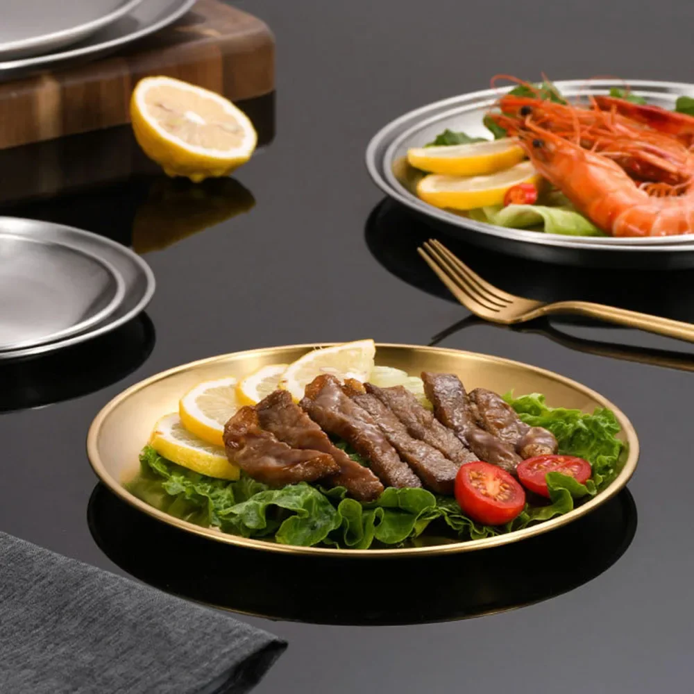 2Pcs/Set Thickened Stainless Steel Golden Round Fruit Plate Cake Plate Bone Tray BBQ Flat Bottom Shallow Tray dining dish cake plate stand