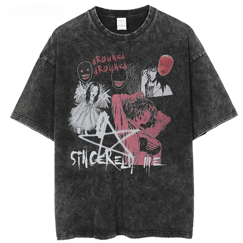 

2024 Men Hip Hop Streetwear Oversize T Shirt Women Thriller Comic Graphics T-Shirt Summer Washed Old FuJiang Anime Top Tees