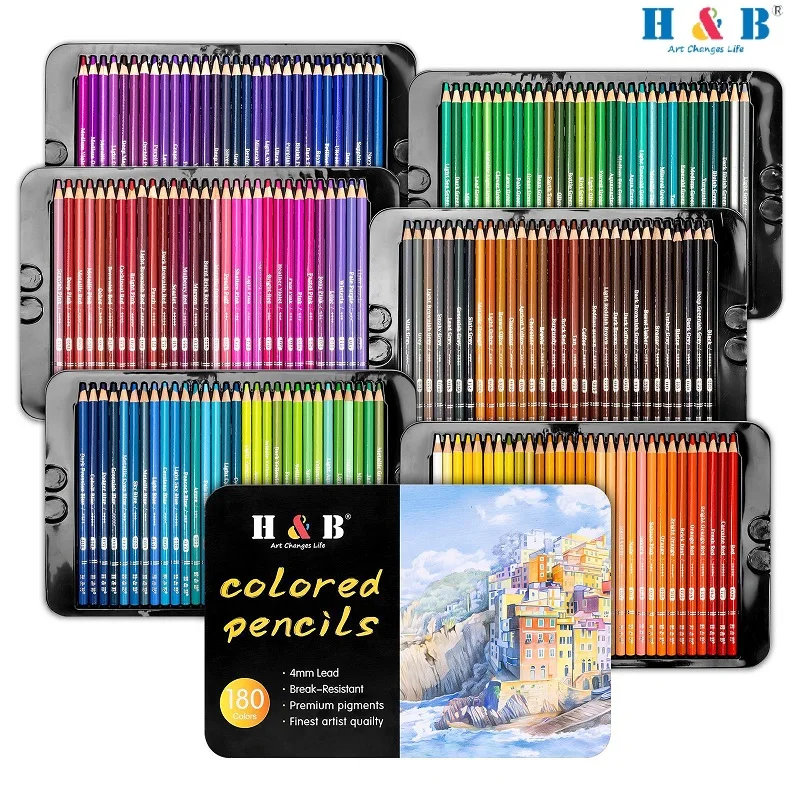 H&B 180색 유성 색연필 세트, 어린이 아티스트 선물용 4mm 리드 파손 방지 안료 아트 드로잉 및 스케치 키트