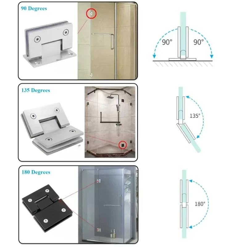 2Pcs 304 Stainless Steel Shower Enclosure Cubicle Glass Door Hinge 90 135 180 Degrees Gold Matte Black Mirror Brush Red Bronze
