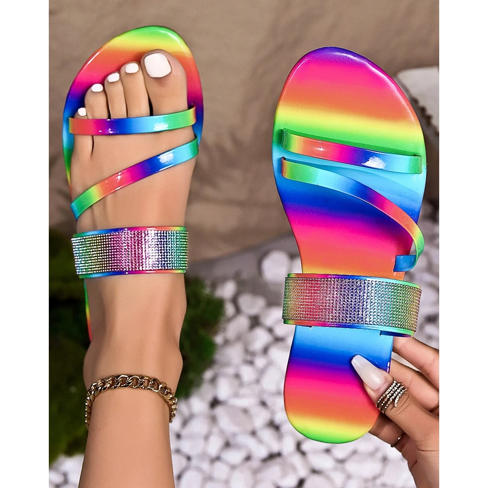 

Outdoor Summer Multi-strap Round Toe Slippers Fashion Women Wide Strap Rainbow Color Slippers Going Out Sandal Summer Shoes