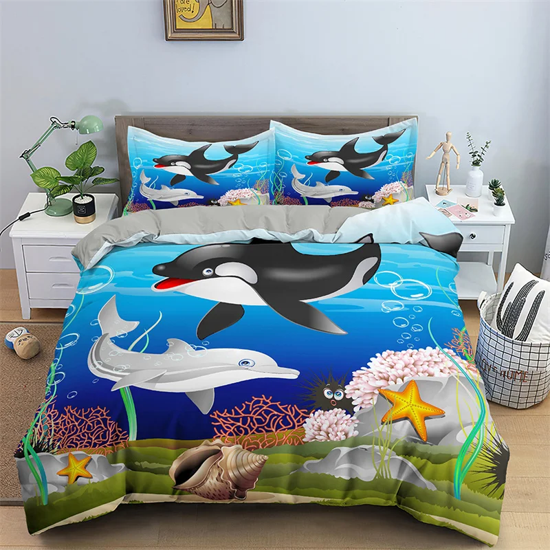 

Dolphin Duvet Cover Kids Cartoon Comforter Cover Microfiber Ocean Animal Bedding Set King Queen Underwater World Bedspread Cover