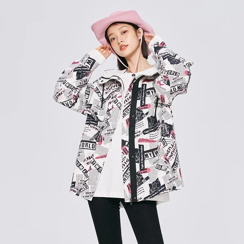 

Semir Coat Women Mid-Length Hooded Waist Print 2022 Autumn New Loose Jacket Women Clothing Fried Street Fashion Cool