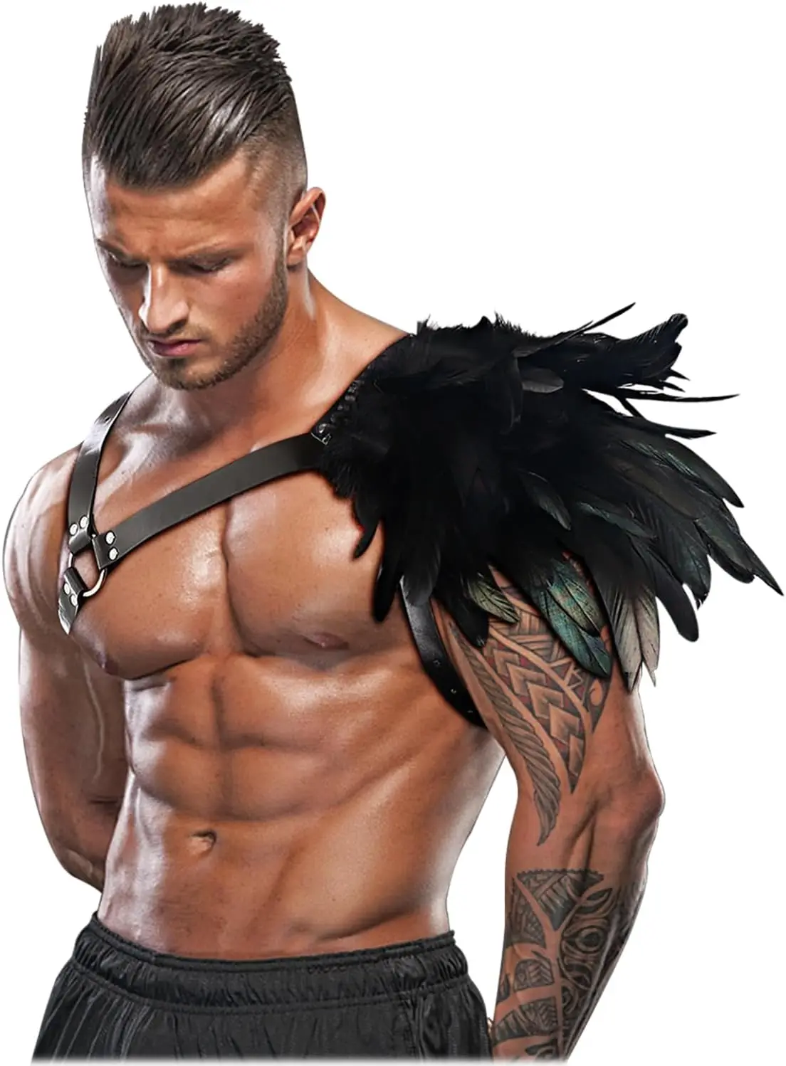 Men's Gothic Feather Shoulder Armor Leather Harness Medieval Cosplay Costume