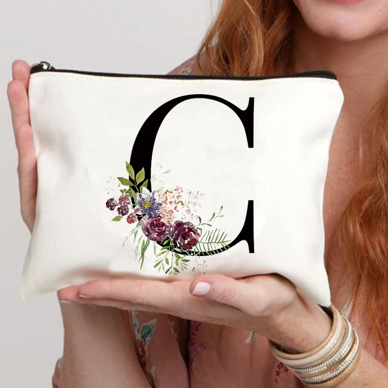 Floral Letter Bridesmaid Makeup Bags Bachelorette Party Gift Children Travel Bag Zipper Pouch Travel Organizer Case Cosmetic Bag 4