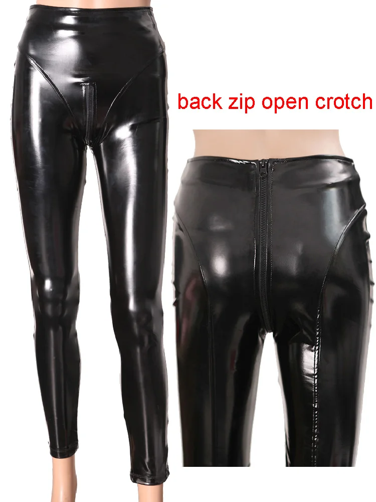 

High Waist Wet Look PVC Leggings Shiny PU Leather Zipper Open Crotch Pencil Pants Tights Sexy Collant Trousers Pantalon Spodie