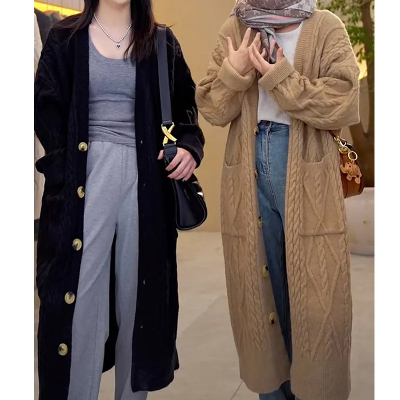 

Slouchy style mid long knitted cardigan for women in autumn and winter new large loose Fried Dough Twists sweater trend