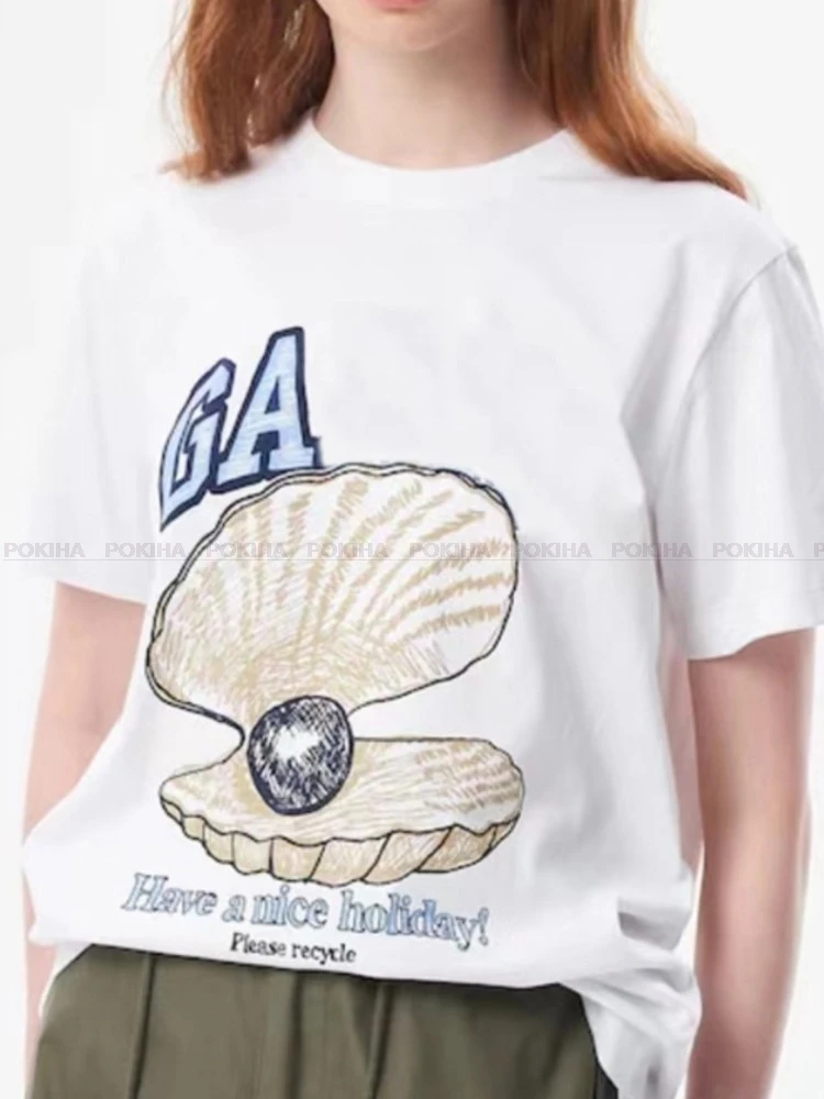 

Женская хлопковая футболка с коротким рукавом, круглым вырезом и принтом