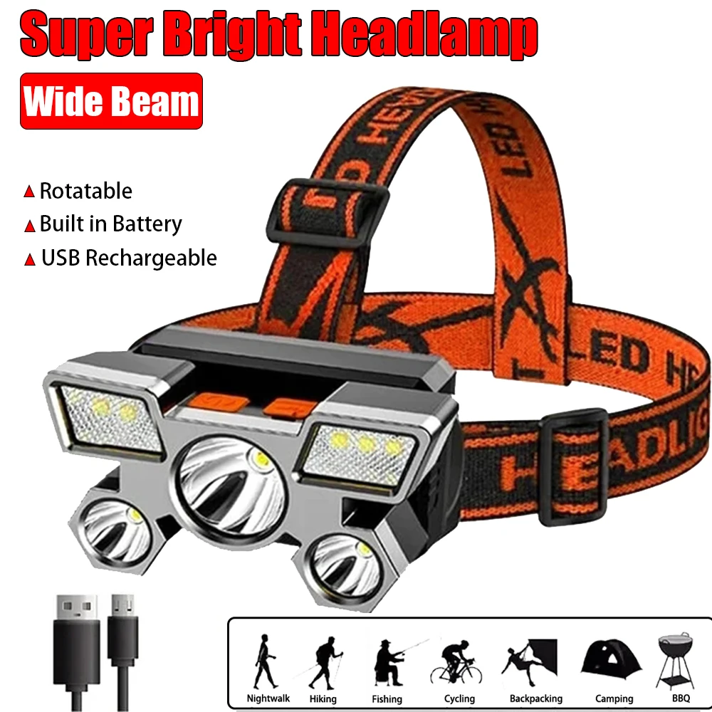 Super Bright Rechargeable Led Head Flashlight Built in 18650 Battery Headlamp Outdoor Camping Fishing Adventure Front Lanterns head flashlight