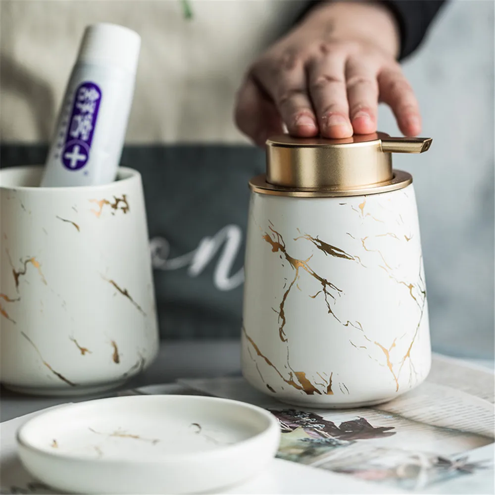 Nordic Marble Pattern Ceramic Soap Dispenser Mouthwash Cup Toothbrush Holder Soap Dish Bath Kit Bathroom Set Accessory Full soap dispenser toothpaste dispenser bathroom accessories set