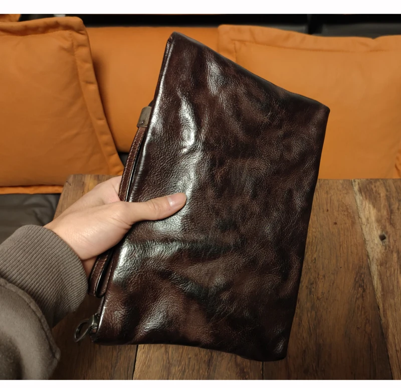 PNDME einfache Vintage handgemachte Kuh Leder Männer Clutch Tasche Outdoor täglich Luxus echtes Leder multifunktionale Telefon Umhängetasche – Detail 10