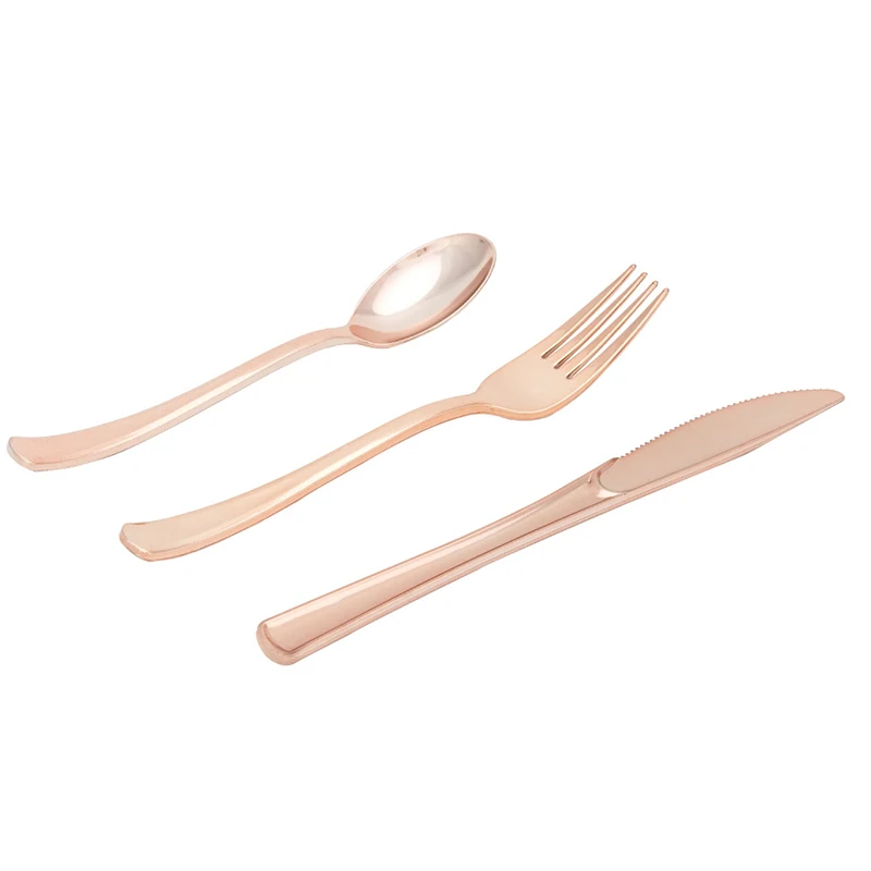 Description Picture 6 of item10Pcs Rose Gold Plastic Disposable Tableware Dessert Knives Forks Spoon Wedding Birthday Party Decoration Supplies Cutlery