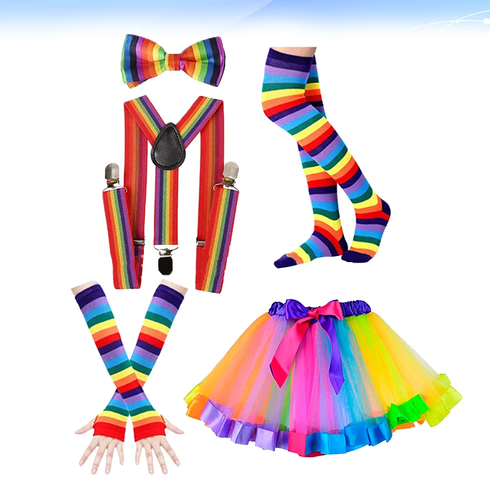 

1 Set Neon Themed Party Tutu Dress Rainbow Gloves Socks Strap Bow-tie 80s Party Dress Up Accessories Party Supplies (Pattern 2)