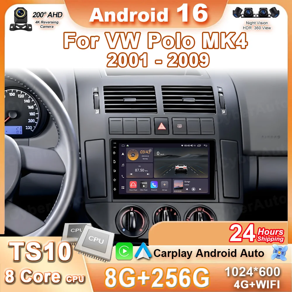 7" For VW Polo MK4 2001-2009 Car Stereo Radio Wireless Carplay Android 16 Auto Head Unit Intelligent System GPS WIFI No 2 DIN 4G