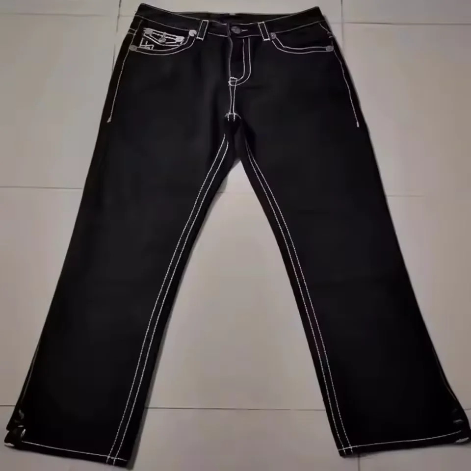 High Street Trendy Jeans White Thick Thread Buddha Religion Straight Casual Pants Men Wide Leg Pants  American Retro Style 4