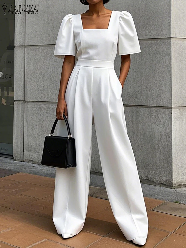 ZANZEA Solid Elegant Jumpsuits Woman Street Fashion Commute Fitted Waist Wide Leg Pant Overalls Short Sleeve Square Neck Rompers 4