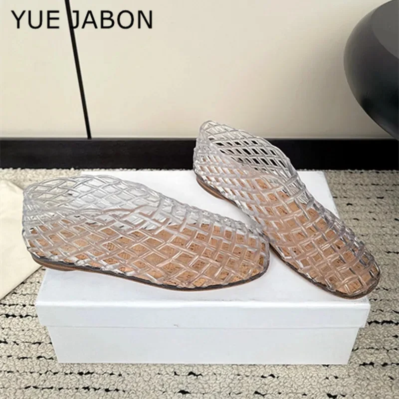 New Summer Plastic Jellies Single Shoes Women Woven Mesh Ballet Flats Sandals Round Toe Transparent Hollow Design Beach Shoes women sandals women flats comfortable sandals