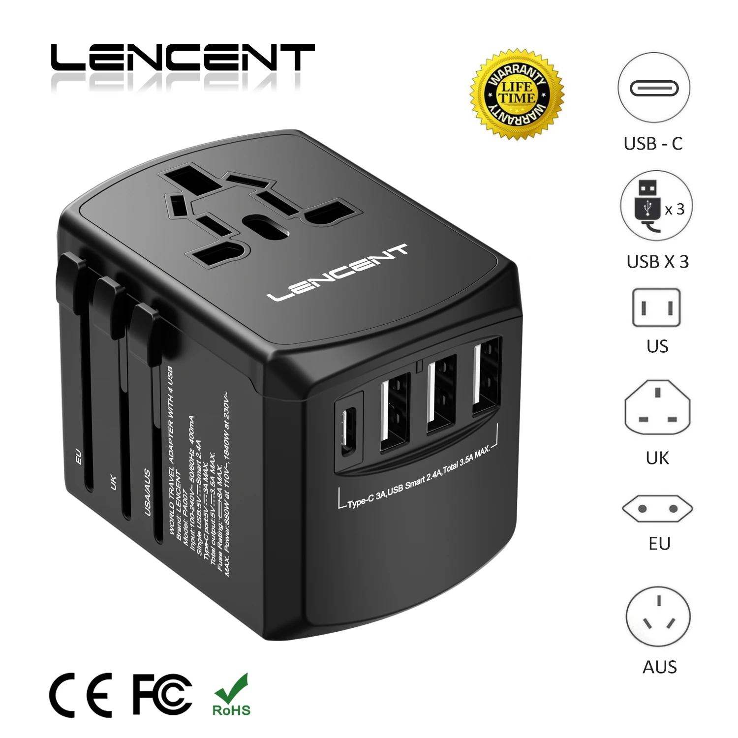 LENCENT 범용 여행용 어댑터 올인원 여행용 충전기, USB 포트 3 개, 타입 C 벽 충전기 1 개, 미국 EU 영국 호주 여행용 LENCENT 범용 여행용 어댑터 올인원 여행용 충전기, USB 포트 3 개, 타입 C 벽 충전기 1 개, 미국 EU 영국 호주 여행용