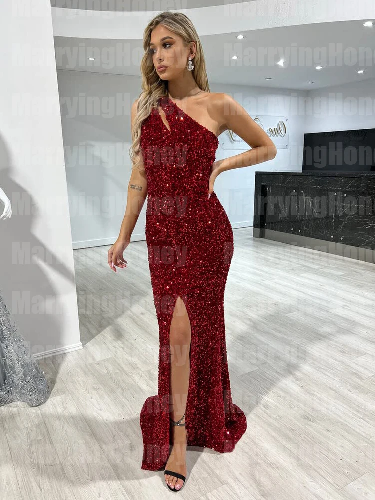 

One Shoulder Sequin Prom Dresses with High Slit Sexy Mermaid Sleeveless Backless Floor-Lenght Formal Evening Gowns for Women