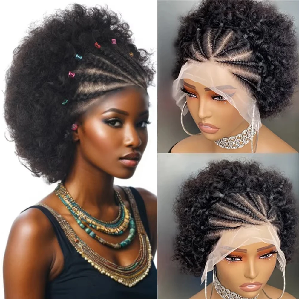 8 Inch 13X4 Lace Front Short Afro Curly Braids Black Wig Women Human Hair 250% Density Glueless Wig Beginners Friendly