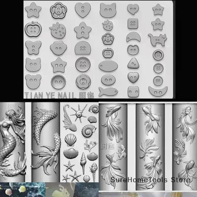 3D Soft Silicone Mermaid Nail Art Mold Ocean Goldfish Koi Cartoon Templates DIY Nail Buttons Carves Manicure Tools Accessories