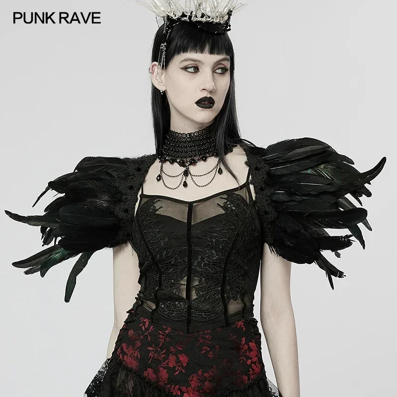 Black feather harness top unisex rave festival caged straps lace cape gothic Mens Black Lace Velvet Feather Cape with Chains main image 4