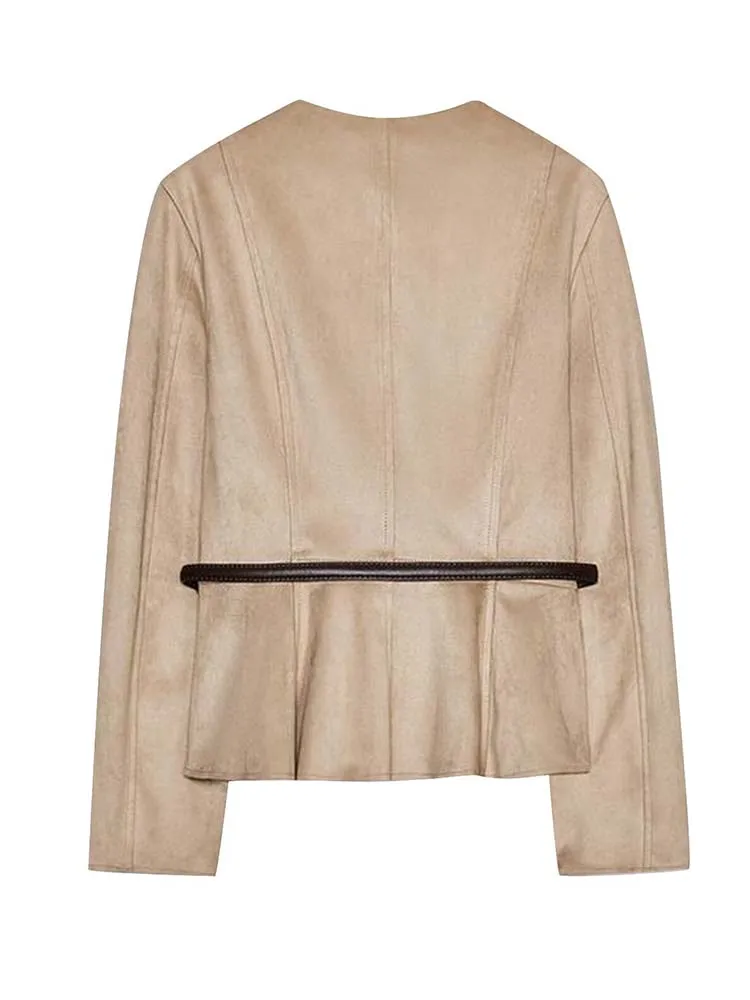 Women Vintage suede Jacket 2025 Autumn New Fashion O-Neck Long Sleeve With Belt Coat  Female High Street Long Sleeve New Jackets
