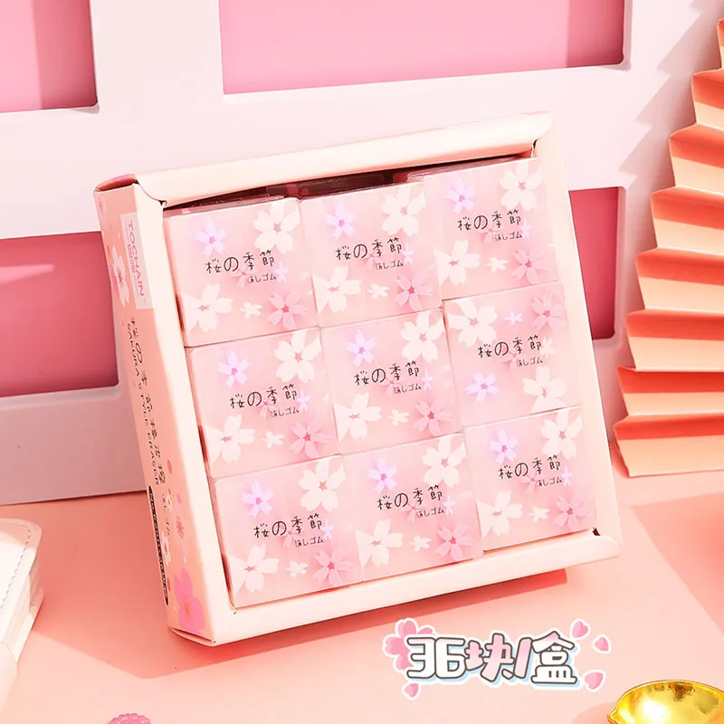 창의적인 사쿠라 연필 지우개, 귀여운 글쓰기 드로잉 고무 연필 지우개, 문구 선물, 학용품, 36 개/로트
