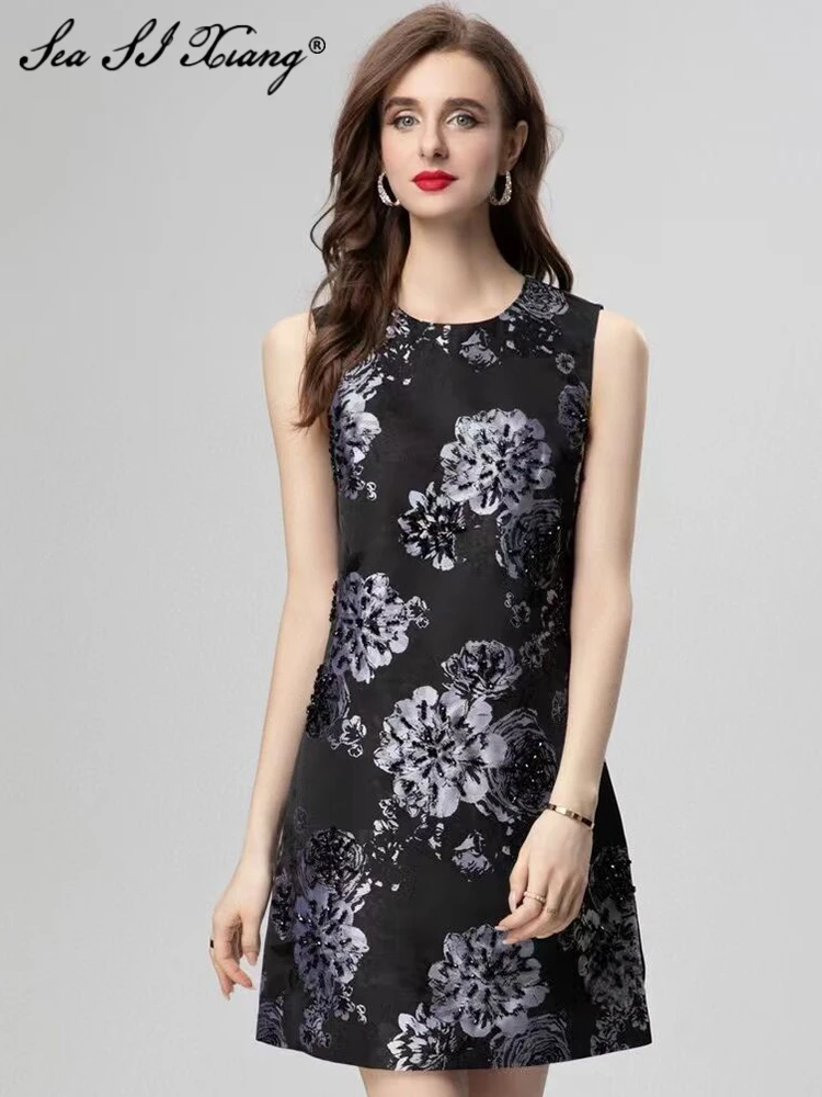 

Seasixiang Fashion Designer Summer Mini Dress Women's O-Neck Sleeveless Beading Flower Print Black Vintage Dresses