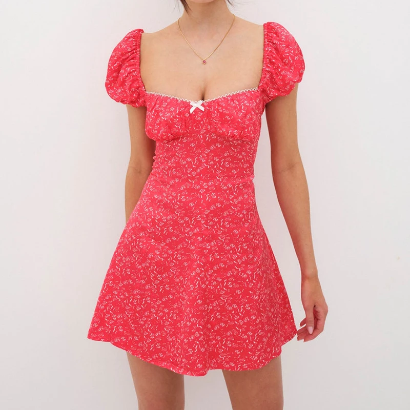 

Women's Mini A-Line Dress Short Puff Sleeve Sweetheart Neck Floral Print Short Flowy Dress Beachwear