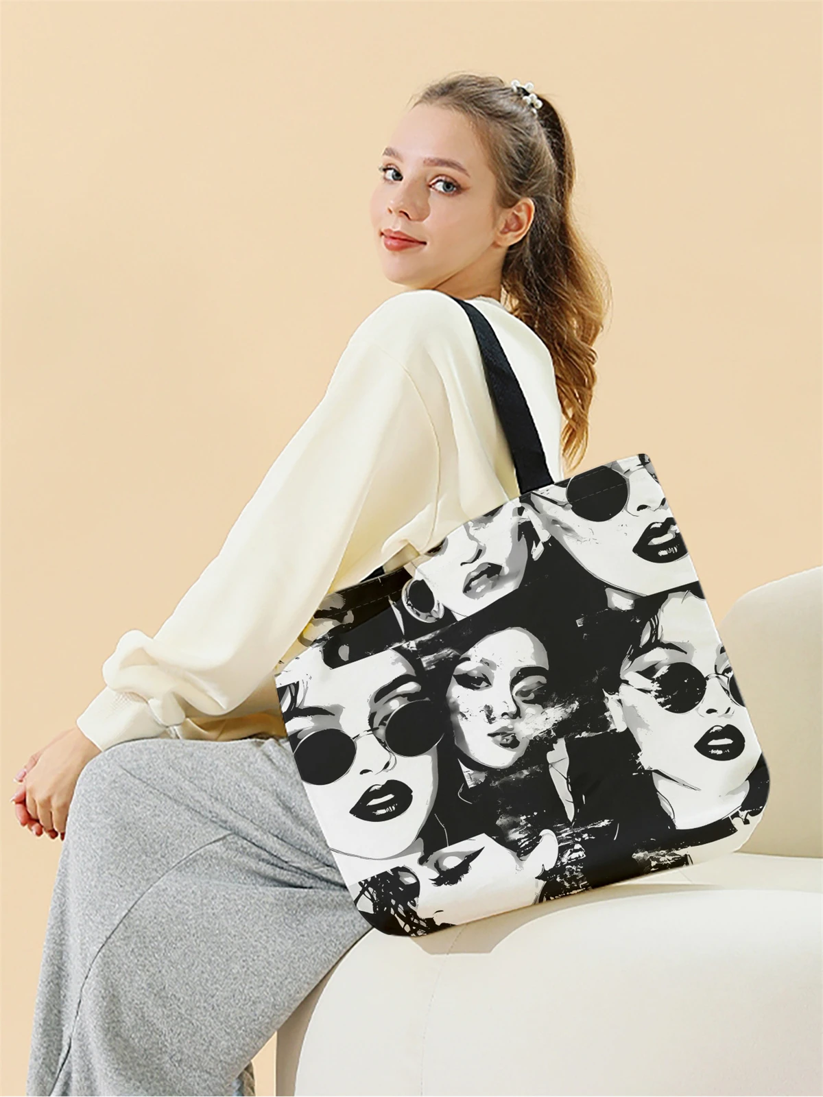 1pc,vintage handbag, reusable fashionable handbag, multifunctional handbag, printed canvas shopping bag