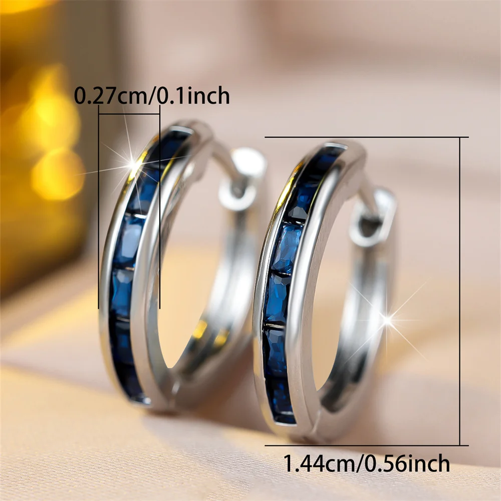 Geometric Zircon Blue Crystal Small Round Hoop Earrings For Women Trendy Silver Color Ear Buckle Wedding Jewelry Engagement Gift