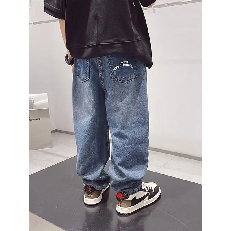 세련된 캐주얼 봄 가을 소년 청바지 중간 허리 긴 바지 유행하는 아동복 소년용 의상 4-13세