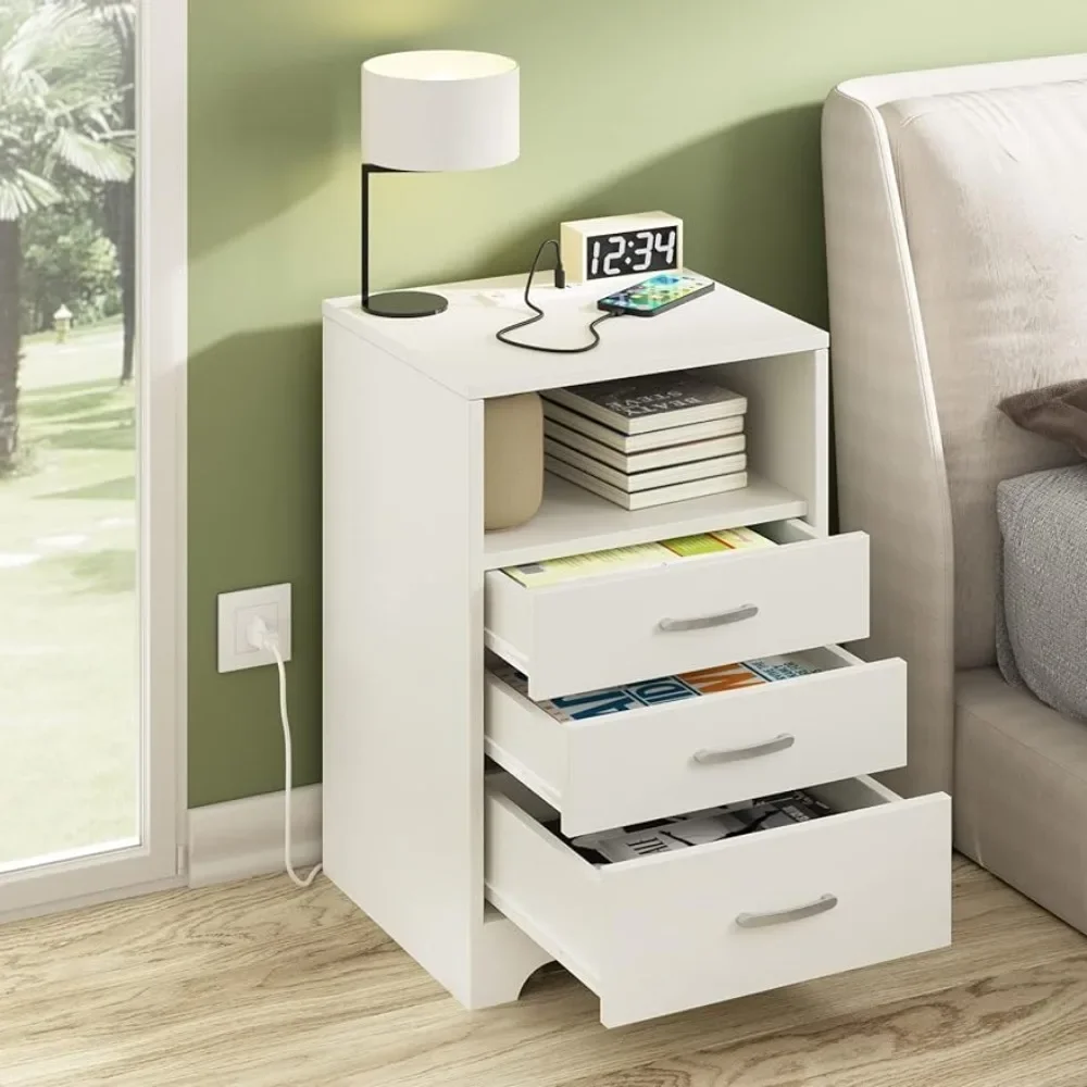 

Modern End Side Table With 3 Drawers Furniture White Nightstand With Charging Station Wooden Cabinet Stand By Sofa Bedside Home
