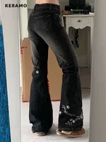 Weekeep Floral Embroidery Jeans Vintage 2000s Low Rise Flared Jeans Women Retro y2k Baggy Denim Pants High Street Basic Trousers - Image 5