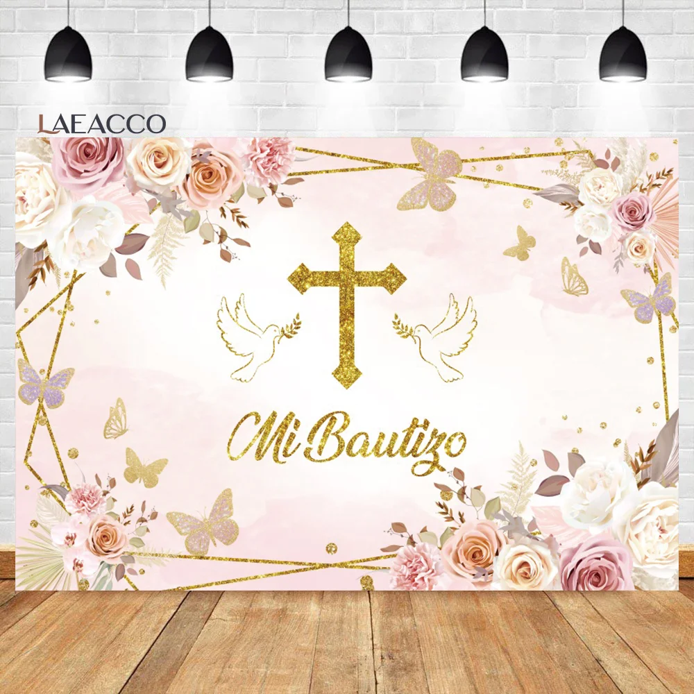 

Laeacco Mi Bautizo Backdrop Pink Floral Butterfly Baptism God Bless First Holy Communion Portrait Custom Photography Background
