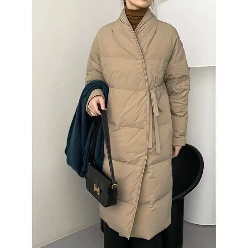 

2023 90 White Duck down Niche Design Mid-Length down Jacket Women's Lace-up Waist-Controlled Slimming Coat