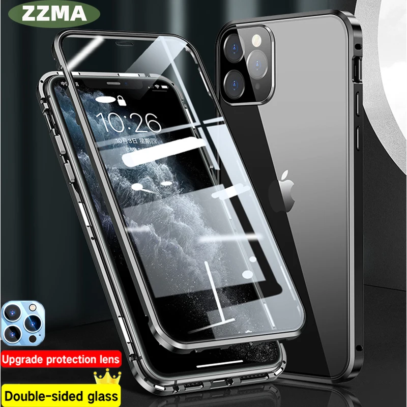 

ZZMA Fashion Magnetic Adsorption Glass Phone Case For iPhone 13 12 11 Pro Max XS XR Mini NEW 360° Full Protection Cases Cover