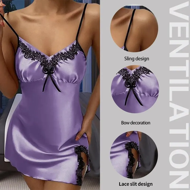 Summer Women Pajamas Deep V Sexy Sleeveless Lace Side Slightly Open Sling Straps Solid Color Dress Pajamas women pajamas
