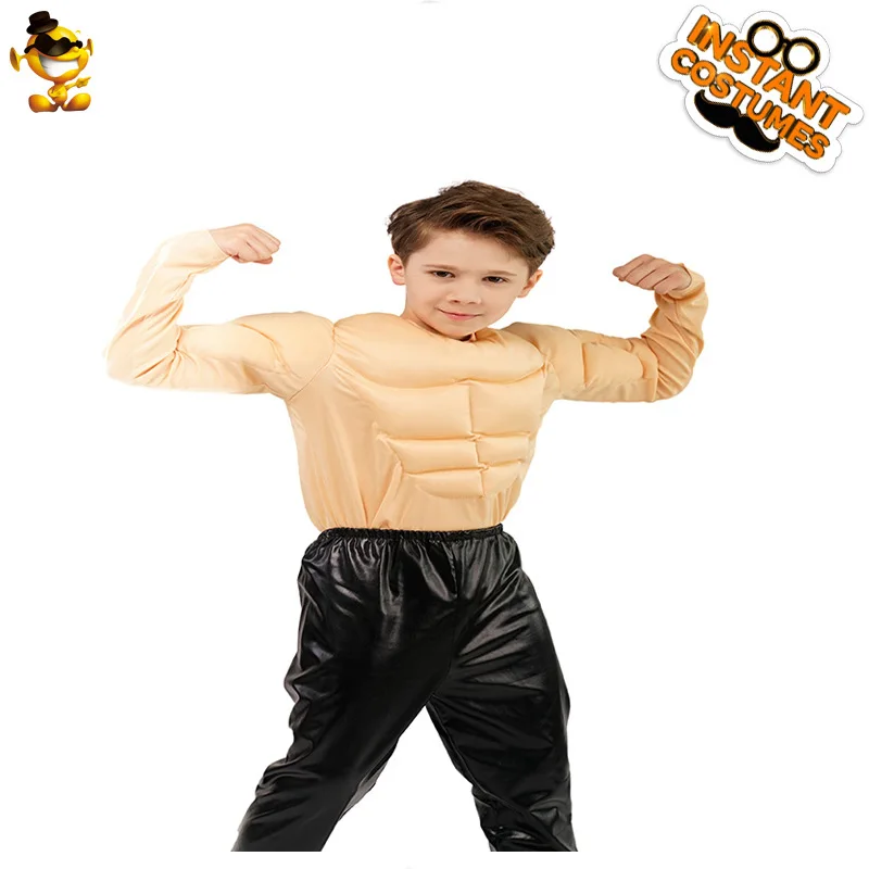 Funny Little Boy Muscle T-Shirt Costume Kids Boys Role Play Fake Pecs Fake Abs