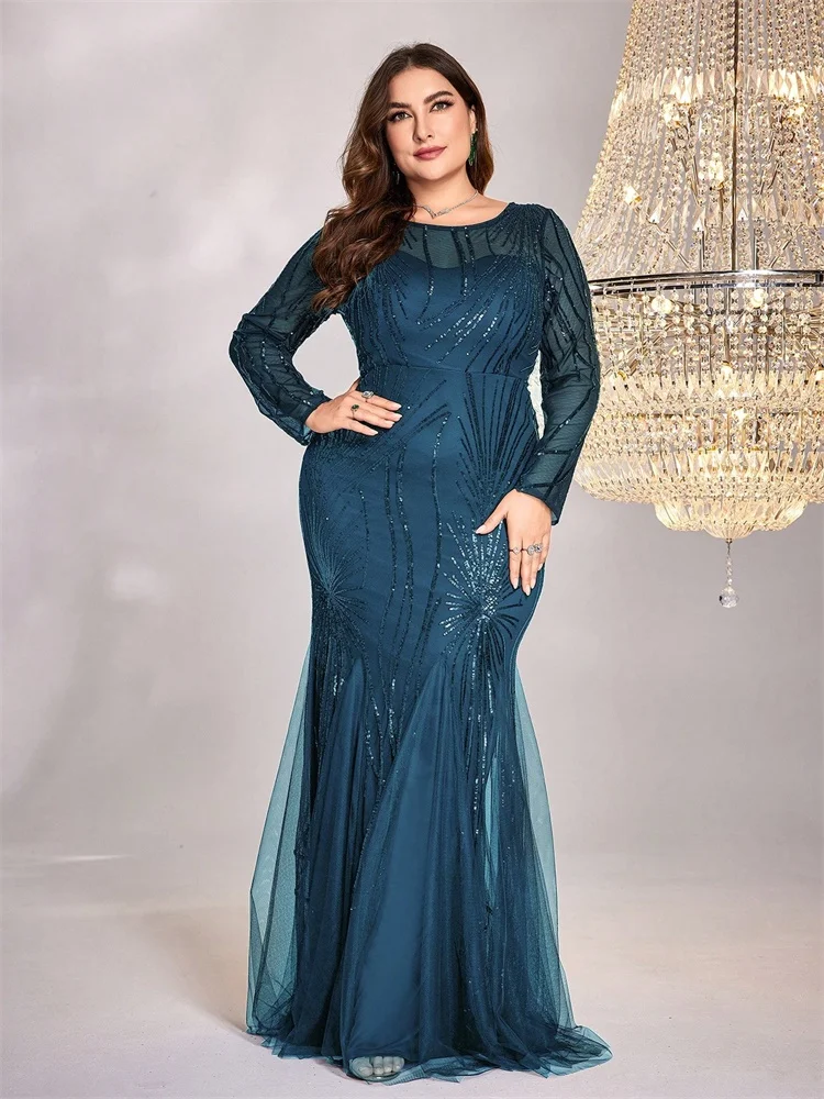 Plus Size Elegant Long Sleeves Sequins Evening Dresses Luxury Women Mermaid Formal Party Maxi Cocktail Gowns