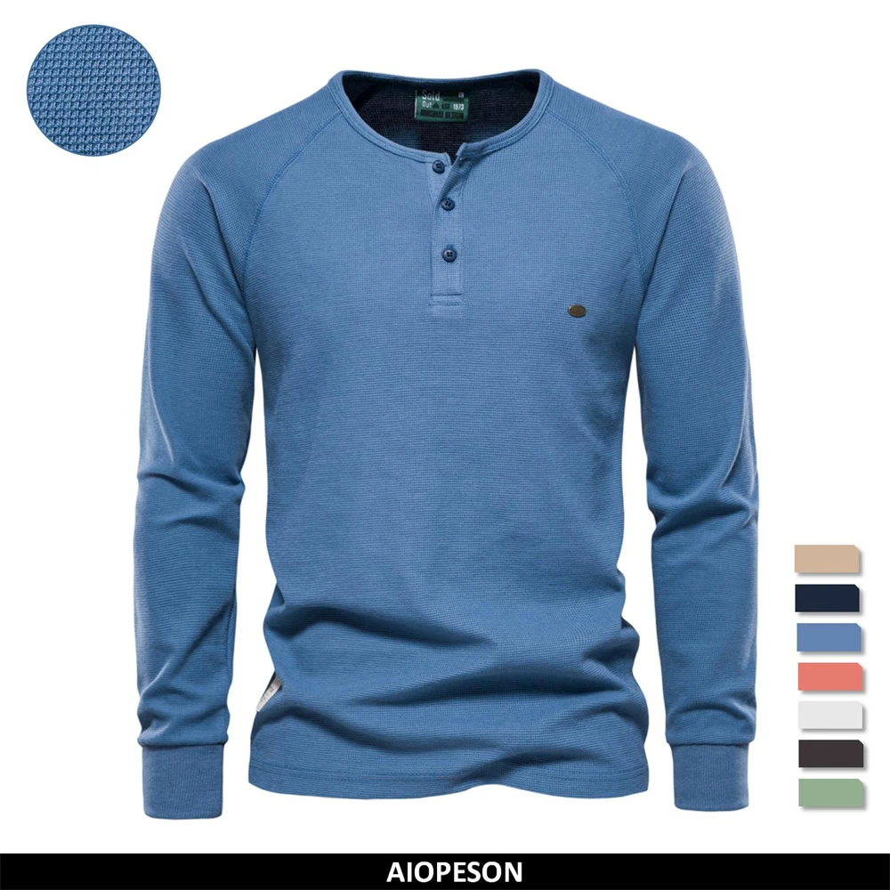 Aiopeson Men's Waffle T-shirt Henry Collar Long Sleeve Simple ...