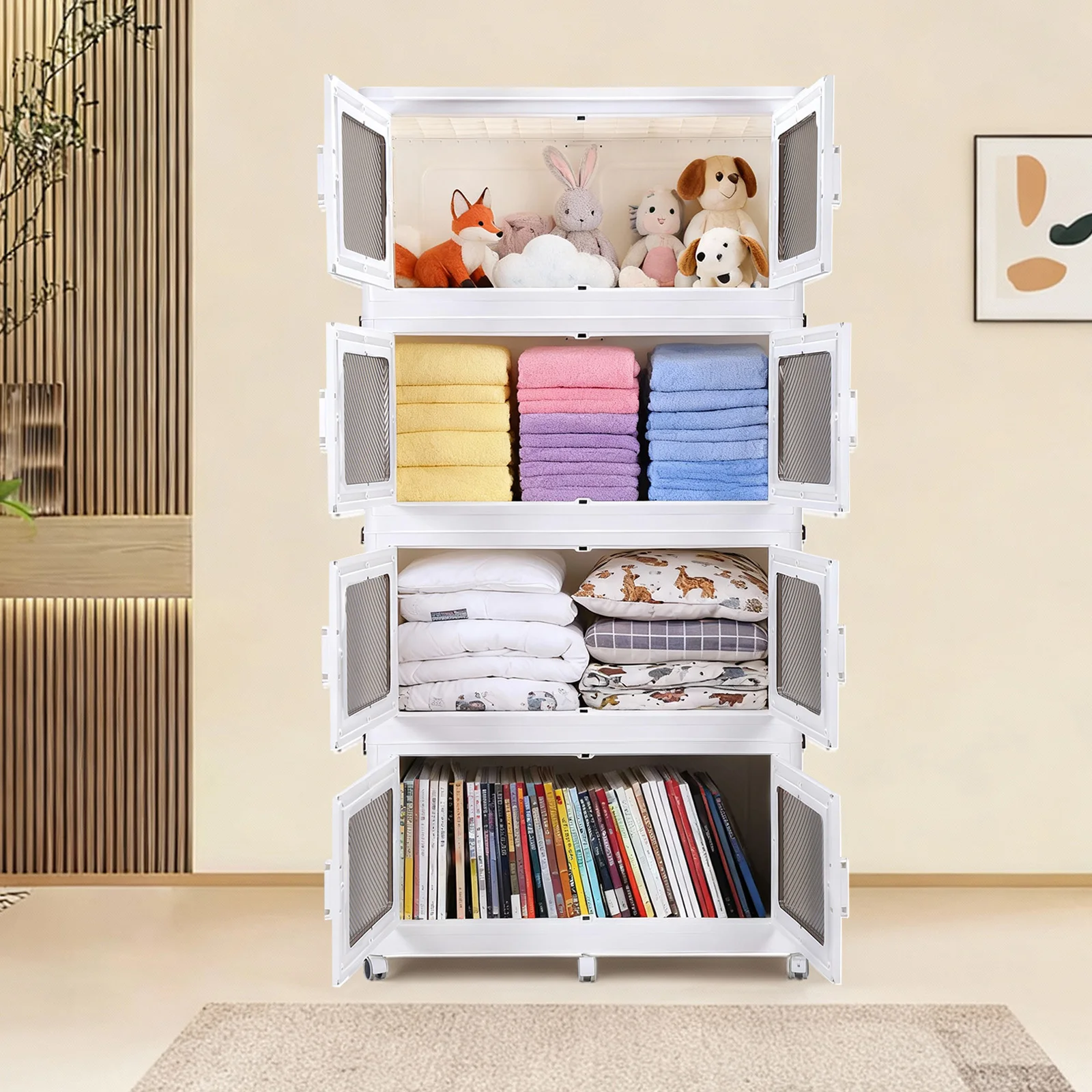 Stackable Storage Bin with Lid Plastic Storage Cabinet with Wheel Free Installation Storage Cabinet for Bedroom and Living Room