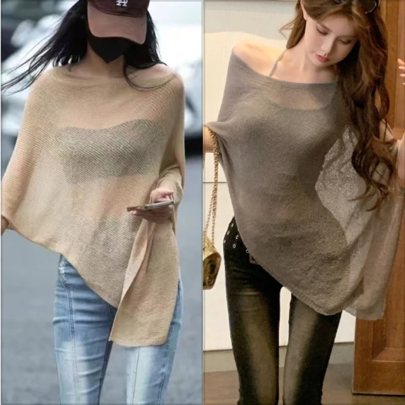 

Irregular Cape Shawl Sun Protection Sunscreen Air Conditioning Clothes Women Loose Thin Ice Silk Knitted Top